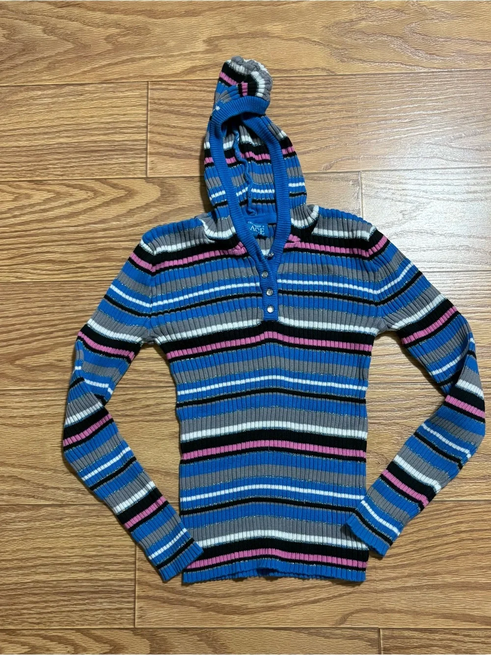 Y2K 2000s Children’s Place Striped Blue Slim Fit Hooded Sweater Girls 14